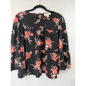 Michael Kors Black Floral Tiered Blouse W Bell‎ Sleeves Size L